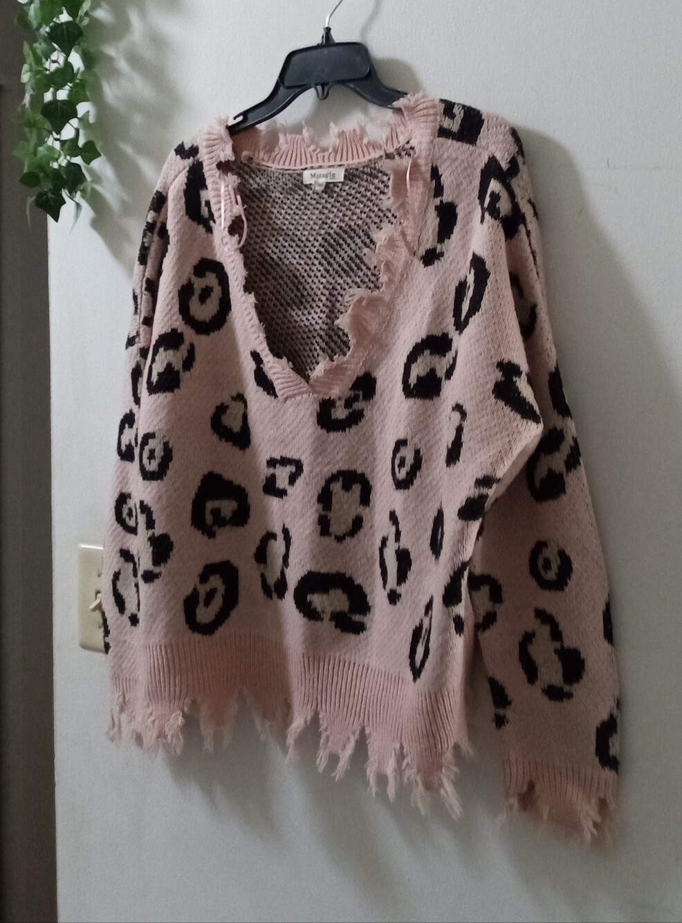 Miracle Pink Leopard-Print Distressed V-Neck Sweater
